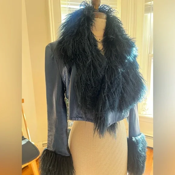 Norma Kamali Blue Leather Jacket with Fur Trim - Picture 1 of 4